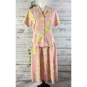 Vintage Chaus 2pc Blouse & Skirt Outfit Set sz 10 Pink Yellow Floral 80's Granny